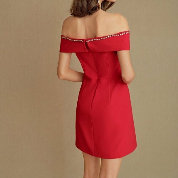 Red Elegant Women's Off Shoulder Rhinestone Trim Ruched Bust Dress - Picture 2 of 8